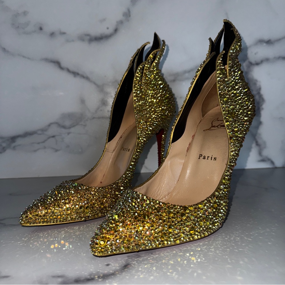 Christian Louboutin Victorina Flame Strass Crystal Gold Heels EU 39.5 / US 9.5